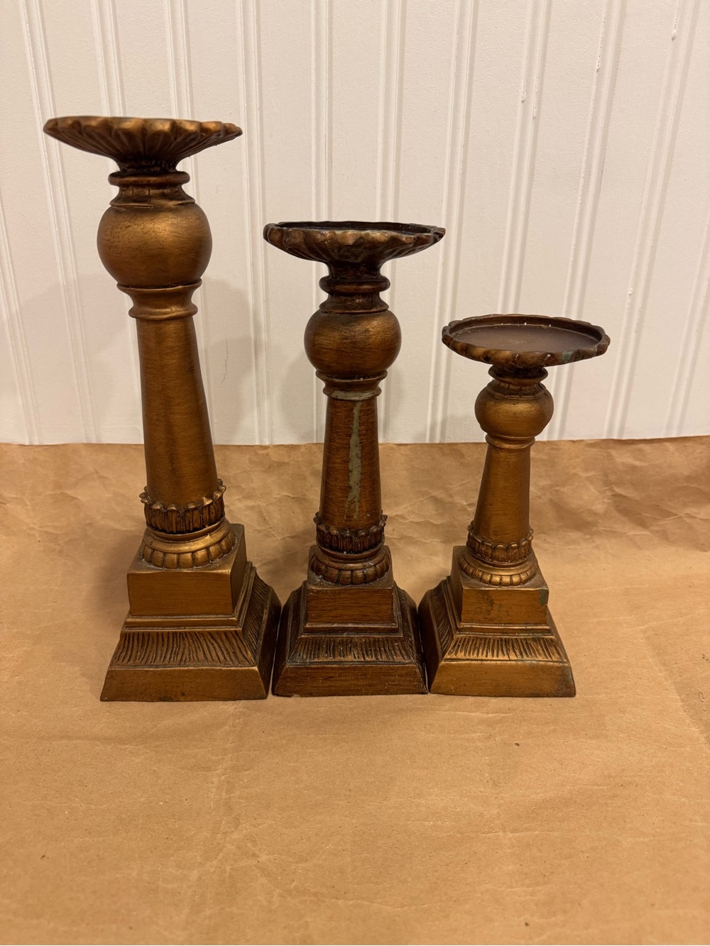 Set of 3 Gold/Brass Decorative Pillar Candle Holders | Vintage | Home